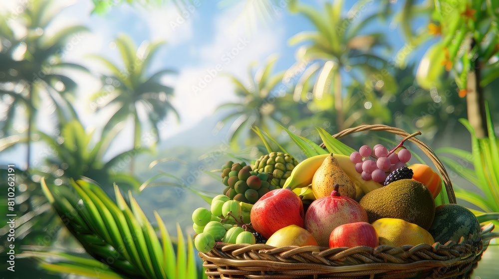 basket filled with assorted exotic fruits against a backdrop of palm trees