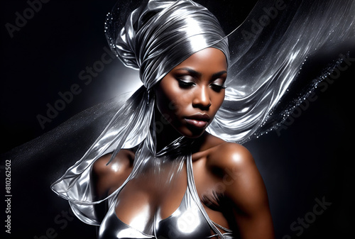 Black woman in a shimmering silver outfit and headscarf with metalic fabric in the background photo