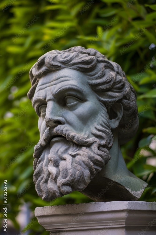 Weathered stone bust in lush garden