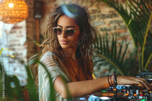 Confident young female DJ with sunglasses is performing and concentrating on her music set with a bokeh background photo