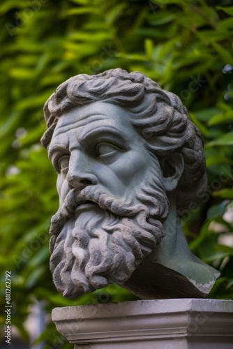 Weathered stone bust in lush garden