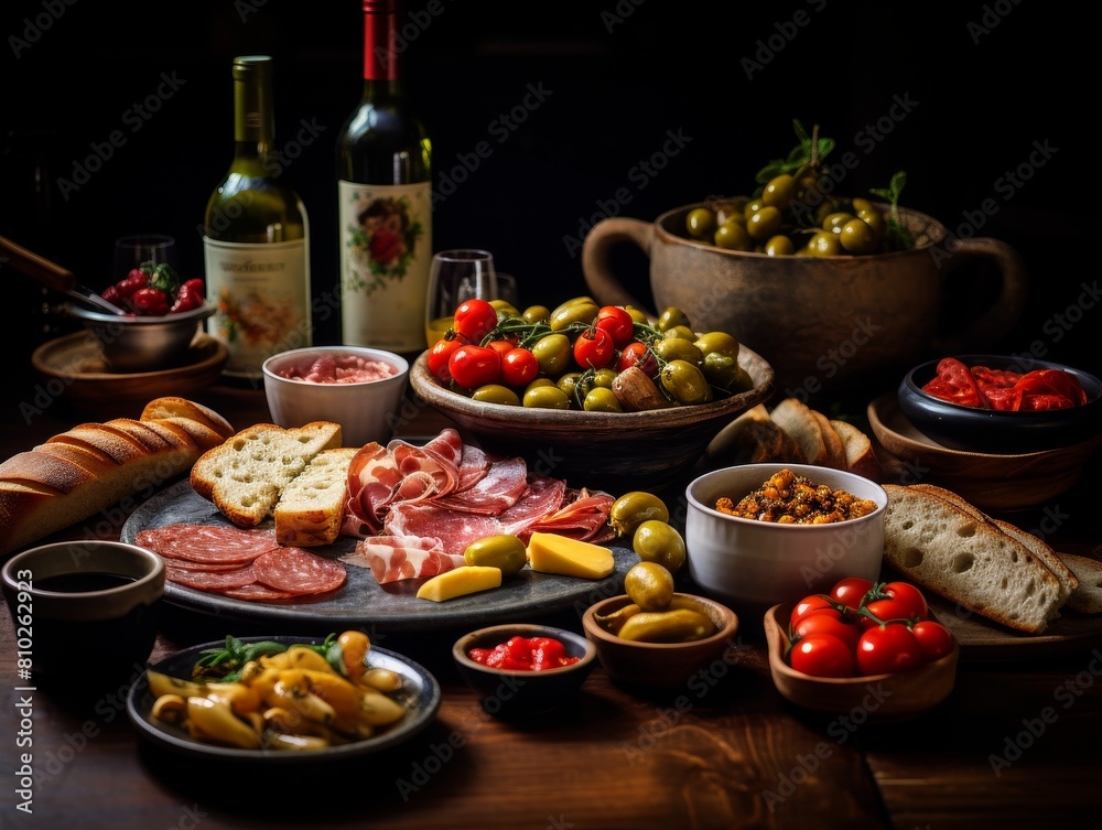 Delicious Mediterranean appetizer platter with wine Delicious Mediterranean appetizer platter with wine