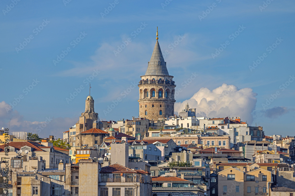 Galata Tower at Top of Beyoglu Hill Istanbul Turkey Sunny Autumn Day
