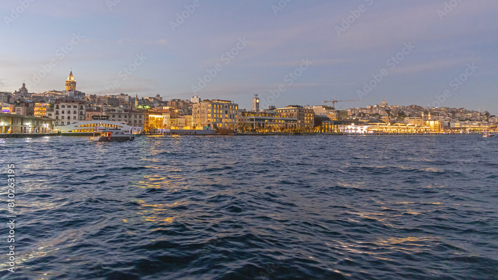 Istanbul Galata at Night Cityscape From Bosphorus Canal Turkey