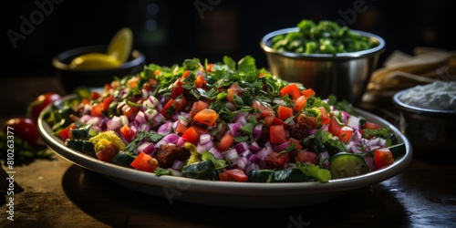 Colorful vegetable salad with fresh greens, tomatoes, and onions