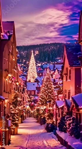 Vibrant snowy Christmas scenery Christmas village with winter market and big Christmas trees snow snowflakes cozy lights happy people digital Christmas Card xmas Christmas