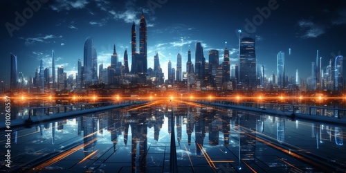 Futuristic city skyline at night with skyscrapers and reflections