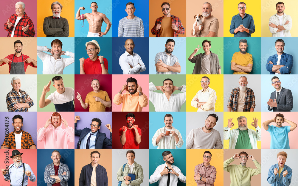 Big collage of different men on color background Big collage of different men on color background