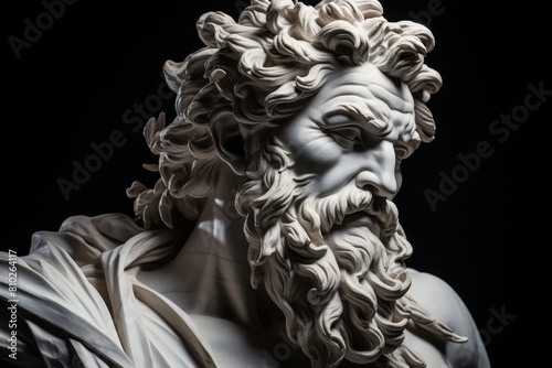 dramatic stone sculpture of bearded figure
