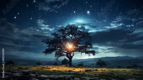 Magical night sky with glowing tree
