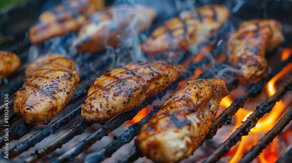 Close-up of marinated chicken breasts sizzling on a hot grill
