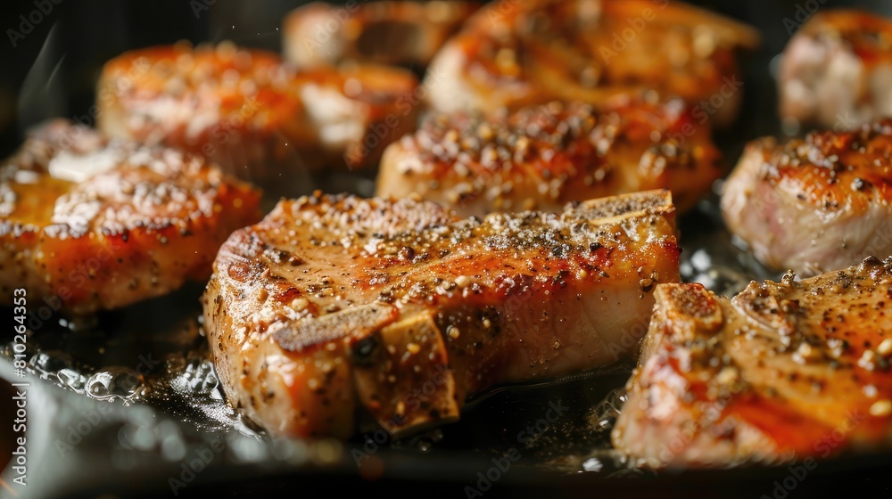 close-up of seasoned pork chops cooking on a hot skillet close-up of seasoned pork chops cooking on a hot skillet