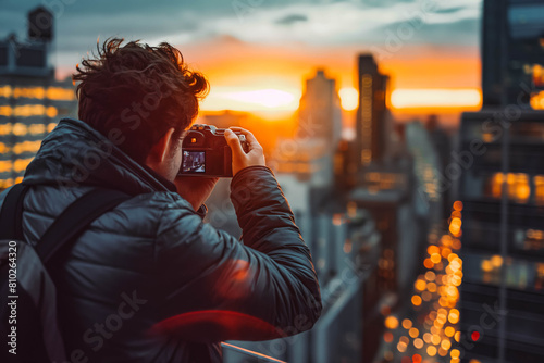 A focused photographer capturing architecture in a city at sunset. photo