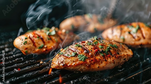 Close-up of marinated chicken breasts sizzling on a hot grill © buraratn