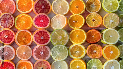Colorful array of sliced citrus fruits arranged in a visually pleasing pattern