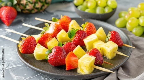 colorful fruit skewer arranged with strawberries  grapes  and pineapple chunks