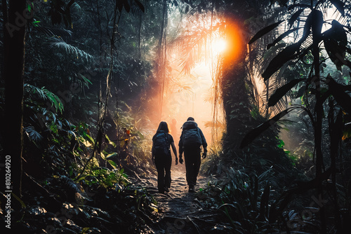 A happy couple exploring a tropical rainforest at sunrise.