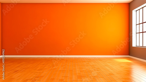 Fototapeta Naklejka Na Ścianę i Meble -  A large empty room with a bright orange wall and wooden floors. The room is very bright and open, with a large window letting in natural light. The space feels clean and inviting, with a sense of calm