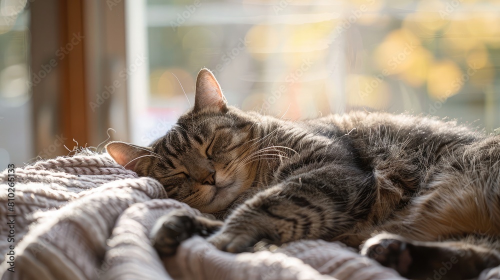 contented cat lounging on a cozy blanket, enjoying a peaceful nap in the afternoon sun contented cat lounging on a cozy blanket, enjoying a peaceful nap in the afternoon sun