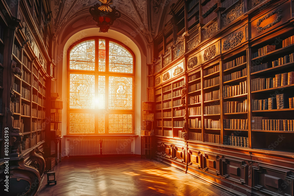 A historic library with tall bookshelves and stained glass windows, illuminated by the warm glow of the setting sun. A historic library with tall bookshelves and stained glass windows, illuminated by the warm glow of the setting sun.