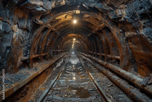 This image shows a moody, atmospheric shot of a mining tunnel with tracks and structural supports
