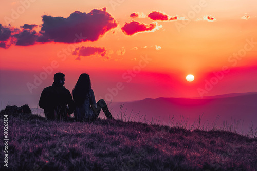 A happy couple watching the sunset from a hilltop at sunset.