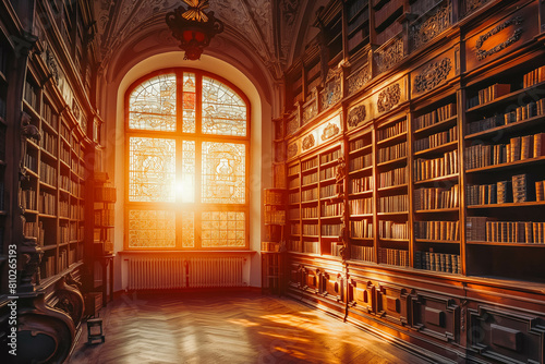 A historic library with tall bookshelves and stained glass windows  illuminated by the warm glow of the setting sun.