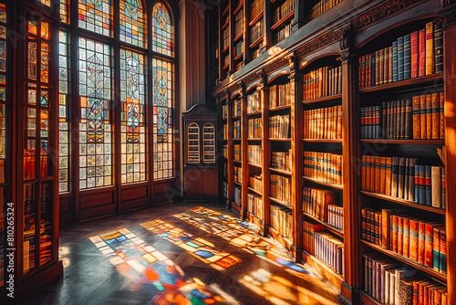 A historic library with tall bookshelves overflowing with leather-bound volumes and stained glass windows casting colorful patterns on the floor, bathed in the warm glow of the setting sun
