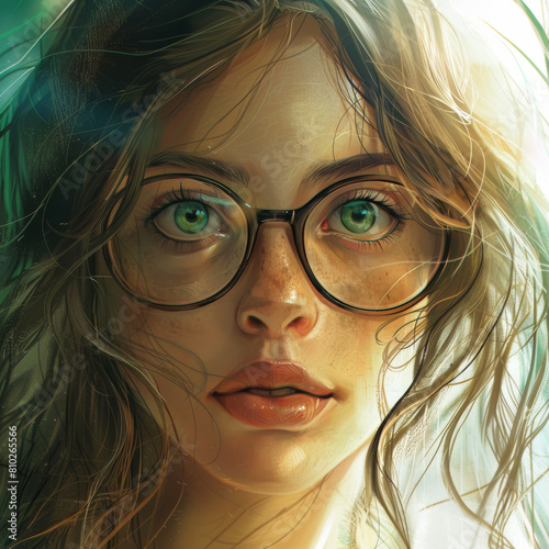 Illustration portrait of a young female Woman freckles with glasses looking staring straight on.png