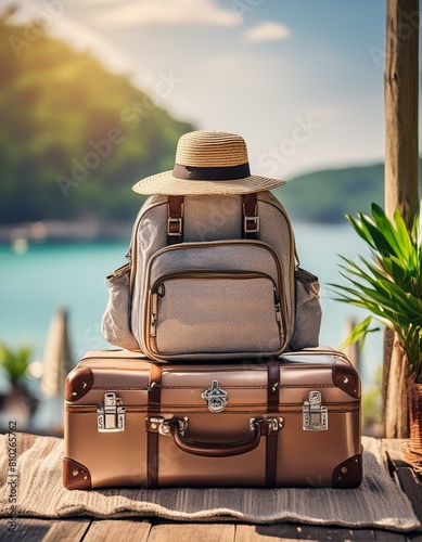 bagages prêts pour un voyage avec un chapeau dessus, valise et sac à dos en ia