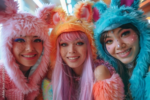 Smiling group of young women dressed in vibrant furry costumes with playful ears, representing a lively party atmosphere