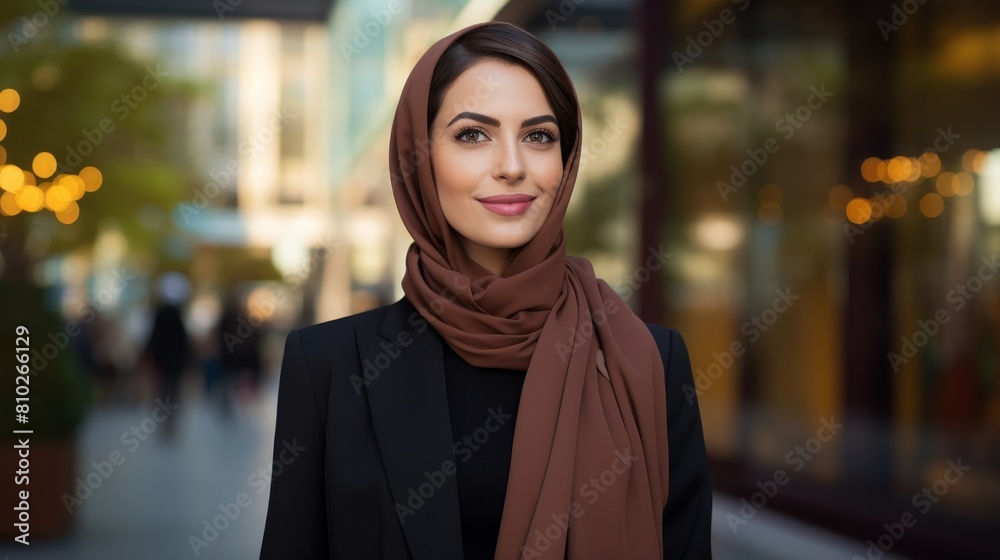 Confident woman in hijab smiling in city Confident woman in hijab smiling in city