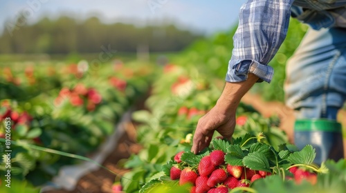 farmer inspecting rows of ripe strawberries in a lush field