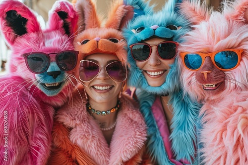 Four friends in imaginative furry costumes and sunglasses, highlighting an atmosphere of fun and creative self-expression