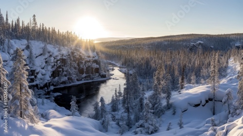 Stunning winter landscape with snowy forest and frozen river