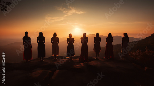 Silhouette of sunset, group of women gathers in togetherness, united in prayer and freedom, beauty of sunrise in shared religious devotion. Christian girl prays with team, by love and faith in belief.