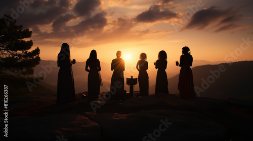 Silhouette of sunset  group of women gathers in togetherness  united in prayer and freedom  beauty of sunrise in shared religious devotion. Christian girl prays with team  by love and faith in belief.