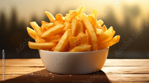 Delicious golden french fries in a white bowl on a wooden table