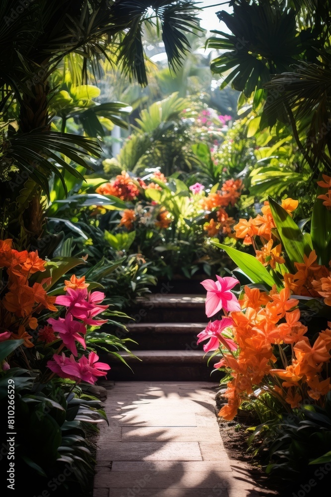 Lush tropical garden path with vibrant flowers Lush tropical garden path with vibrant flowers
