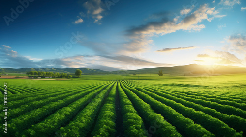Agriculture field, soybeans thrive, leaves shimmering in nature's light, testament to successful farming and growing soy crop. rows of green soy crops growth, farming of vegetables in agricultural.