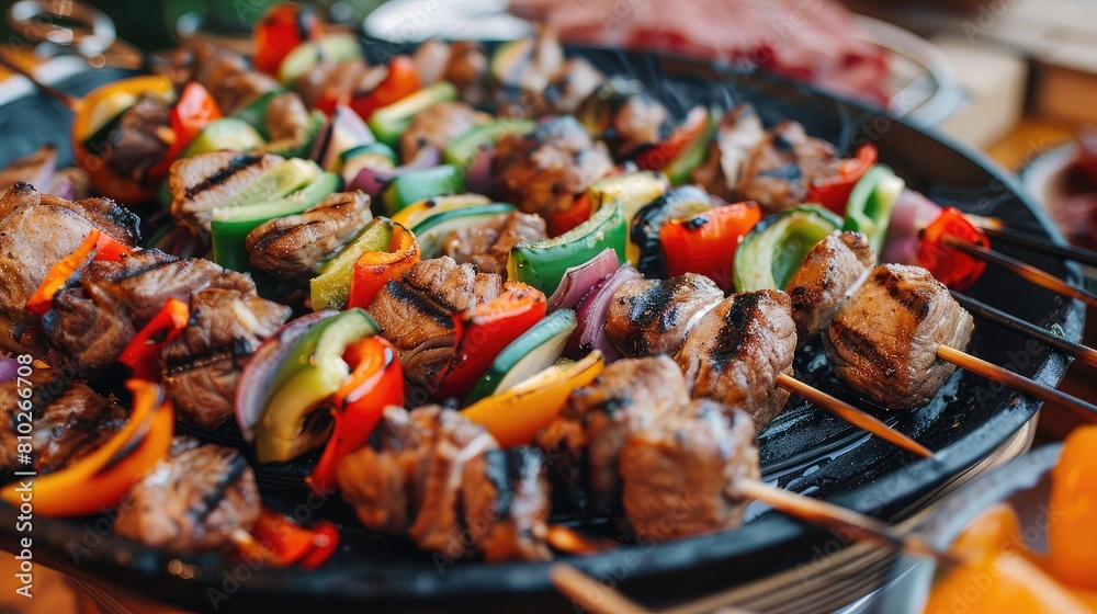 Freshly grilled kebabs with a colorful assortment of vegetables and meats