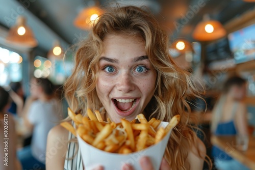 An excited blonde woman holding a large container of fries with a surprised expression