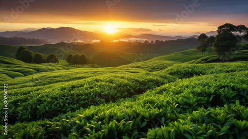 Asia, lush green hills, tea plantations thrive, testament to harmonious relationship between nature and agriculture in. Countryside, amidst rolling hills and mountains, tea farms paint landscape. © AK528
