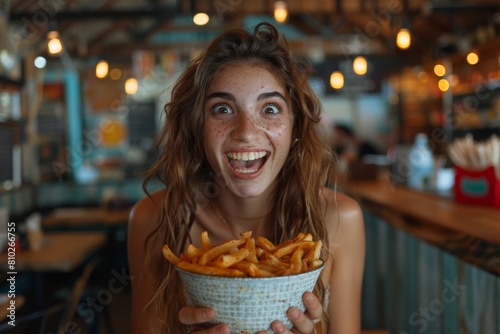 A joyful young woman with curly hair  holding a large bowl of french fries  in a cozy restaurant setting