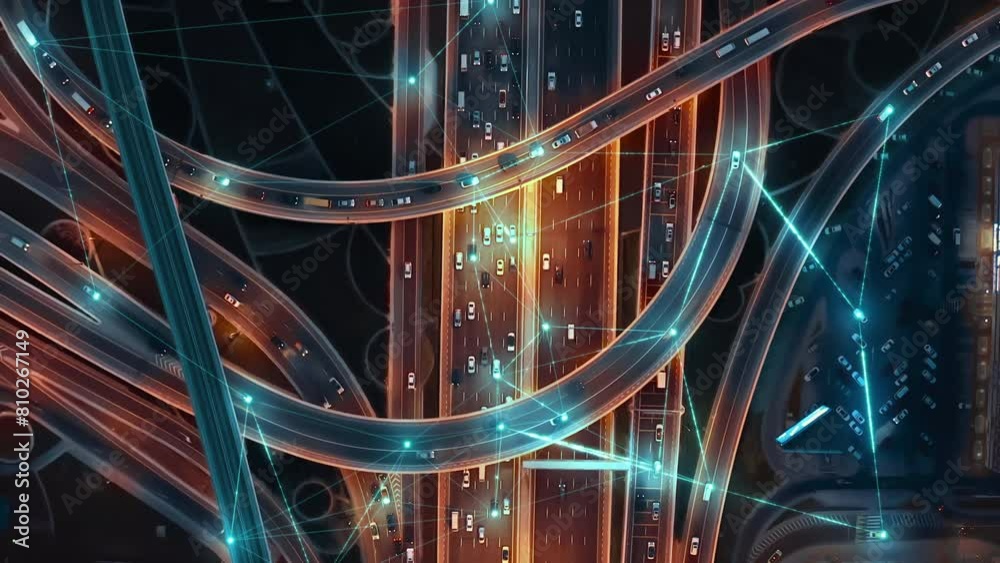 Intelligent Vehicles Cars Communicating Ai Logistic Autonomous Delivery Vehicles IoT GPS Tracking Satellite 5G Smart Roads Traffic Road Junction Interchange Motorway Triangulation Of Traffic Data
