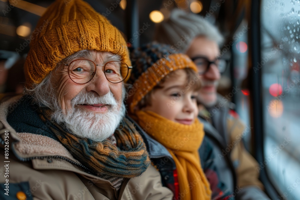 Three generations of a family share a moment together on a bus, with a window view of the city’s rainy day