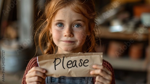 Cute Red-Haired Girl Holding a Handwritten Please Sign in a Rustic Workshop