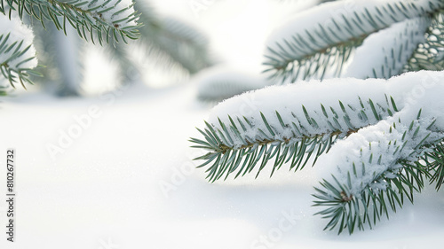 A snow covered pine tree branch with snow on it
