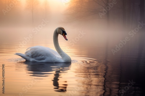 Serene swan swimming in misty lake at sunset