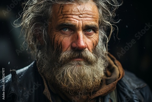 Weathered face of an elderly man with a long beard